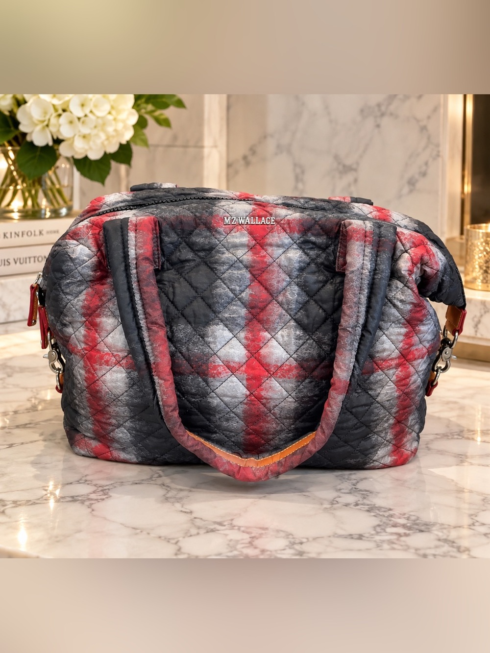 MZ Wallace Large Sutton Redwood Plaid Quilted Nylon Travel Tote Bag